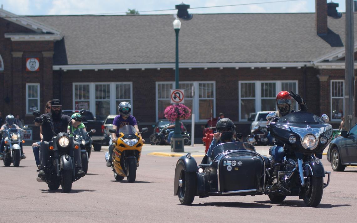 Motorcyclists leave The Depot at the beginning of the Veterans for Veterans Poker Run on Saturday in Mitchell. (Nick Sabato / Republic)