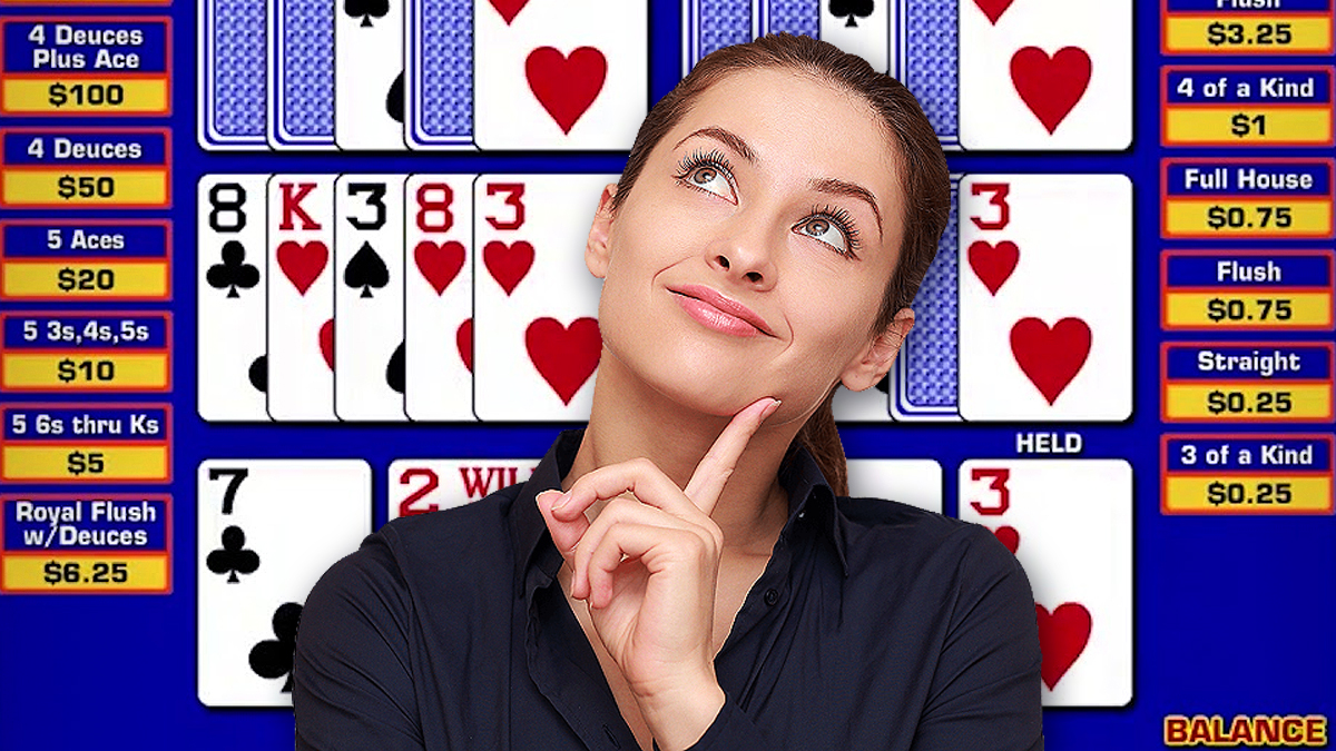 Wanita Berpikir Dengan Latar Belakang Video Poker
